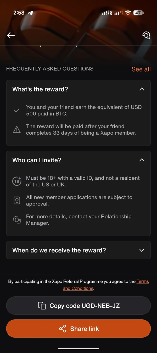 Capture officielle Xapo Bank - règles d'éligibilité : 18+ avec ID valide, non résident US ou UK, approbation soumise à validation